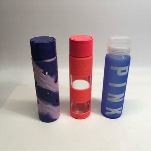 3 glass bottles w silicone cover, 2 Lululemon, 1 Pink, GUC